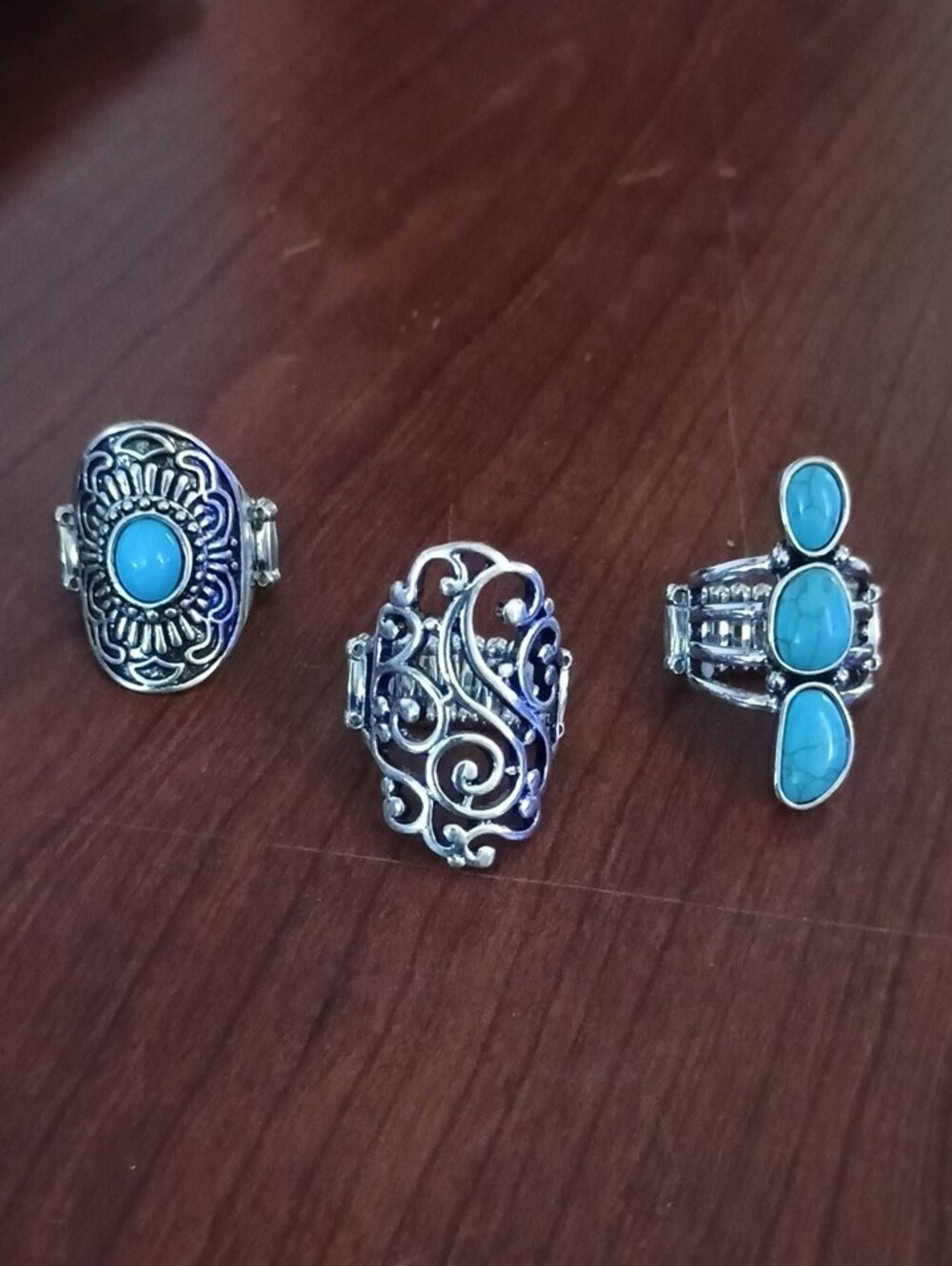 Turquoise Stone Silver-Tone Adjustable Rings - Set of 3 - Picture 4 of 4